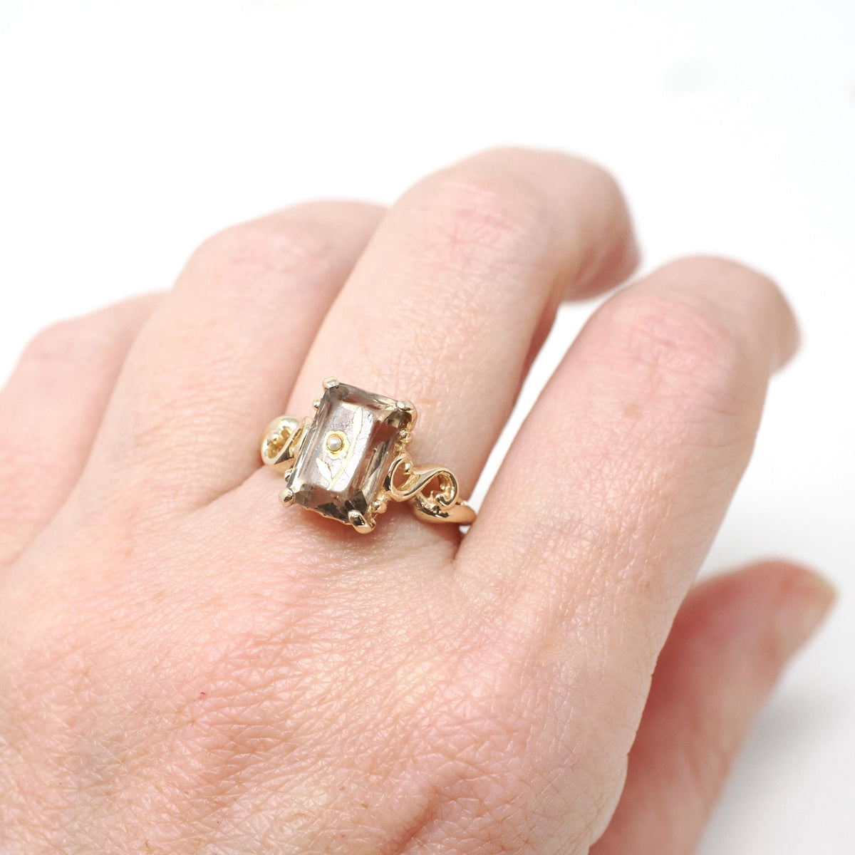 Rose of Sharon Ring - Vintage 14k Yellow Gold French Cut Quartz Seed Pearl Solitaire - Mid Century 1950s Size 6 Brownish Purple Fine Jewelry