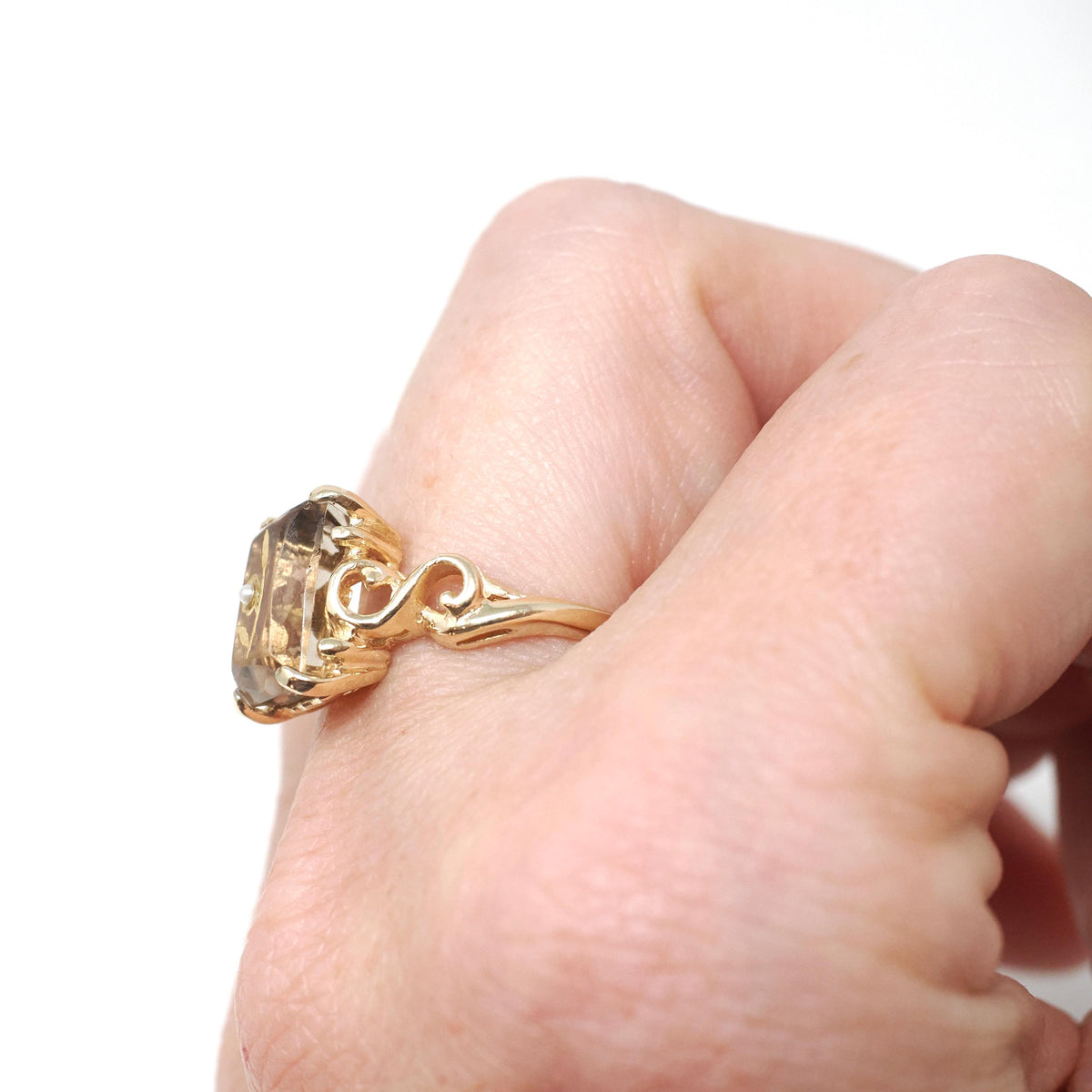 Rose of Sharon Ring - Vintage 14k Yellow Gold French Cut Quartz Seed Pearl Solitaire - Mid Century 1950s Size 6 Brownish Purple Fine Jewelry