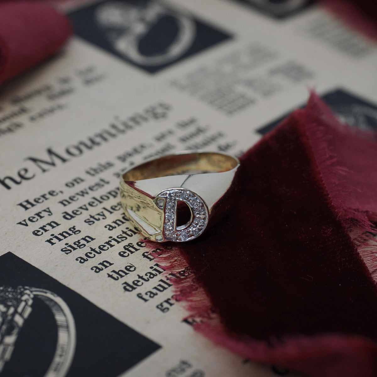 Letter "D" Ring - Estate 14k Yellow Gold Initial Monogram Signet - Contemporary Era Size 5 1/4 Diamond Encrusted Fine Statement Jewelry