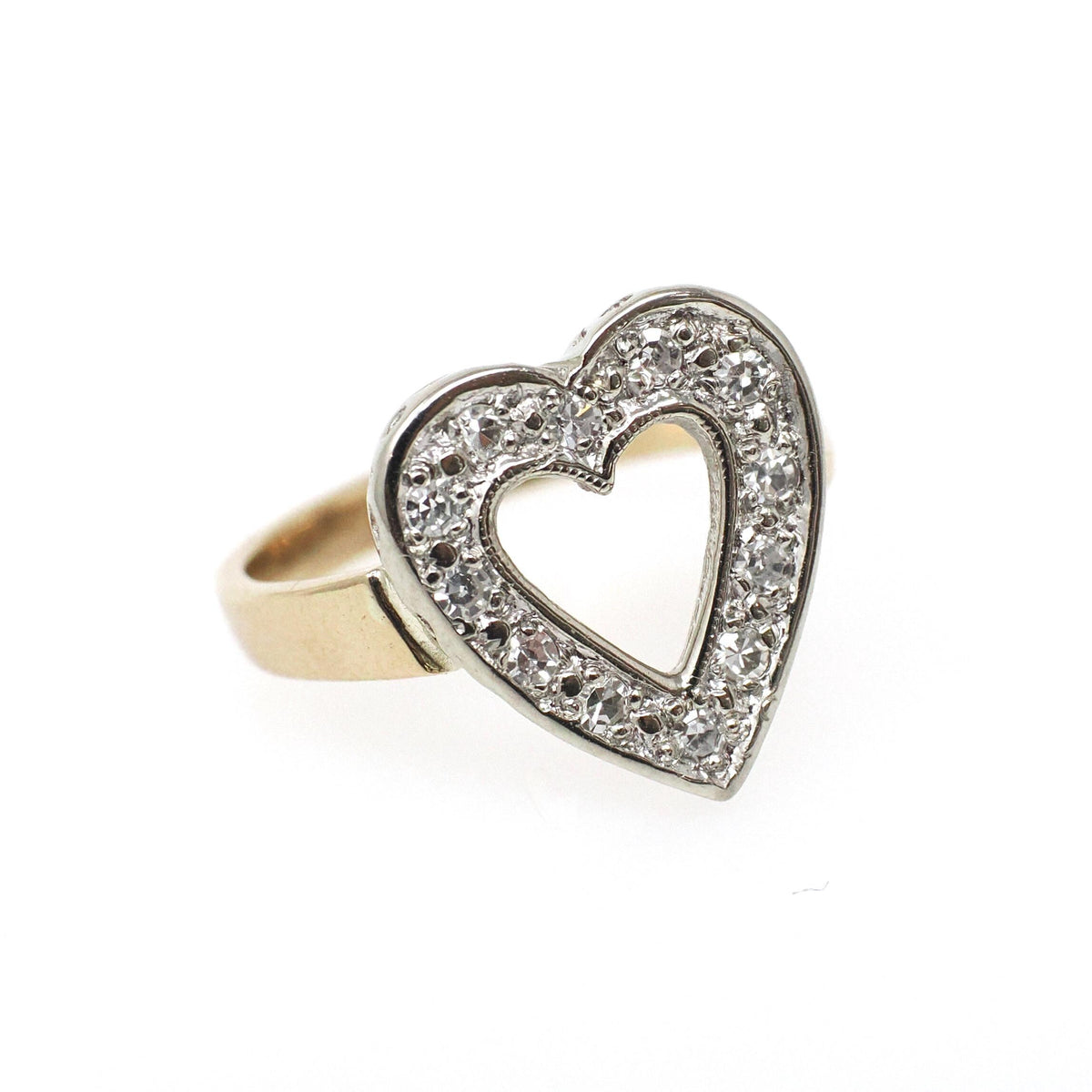 Diamond Heart Ring - Mid Century 14k Yellow & White Gold Sweetheart Promise Love - Vintage Circa 1950s Era Size 4 3/4 Statement Fine Jewelry
