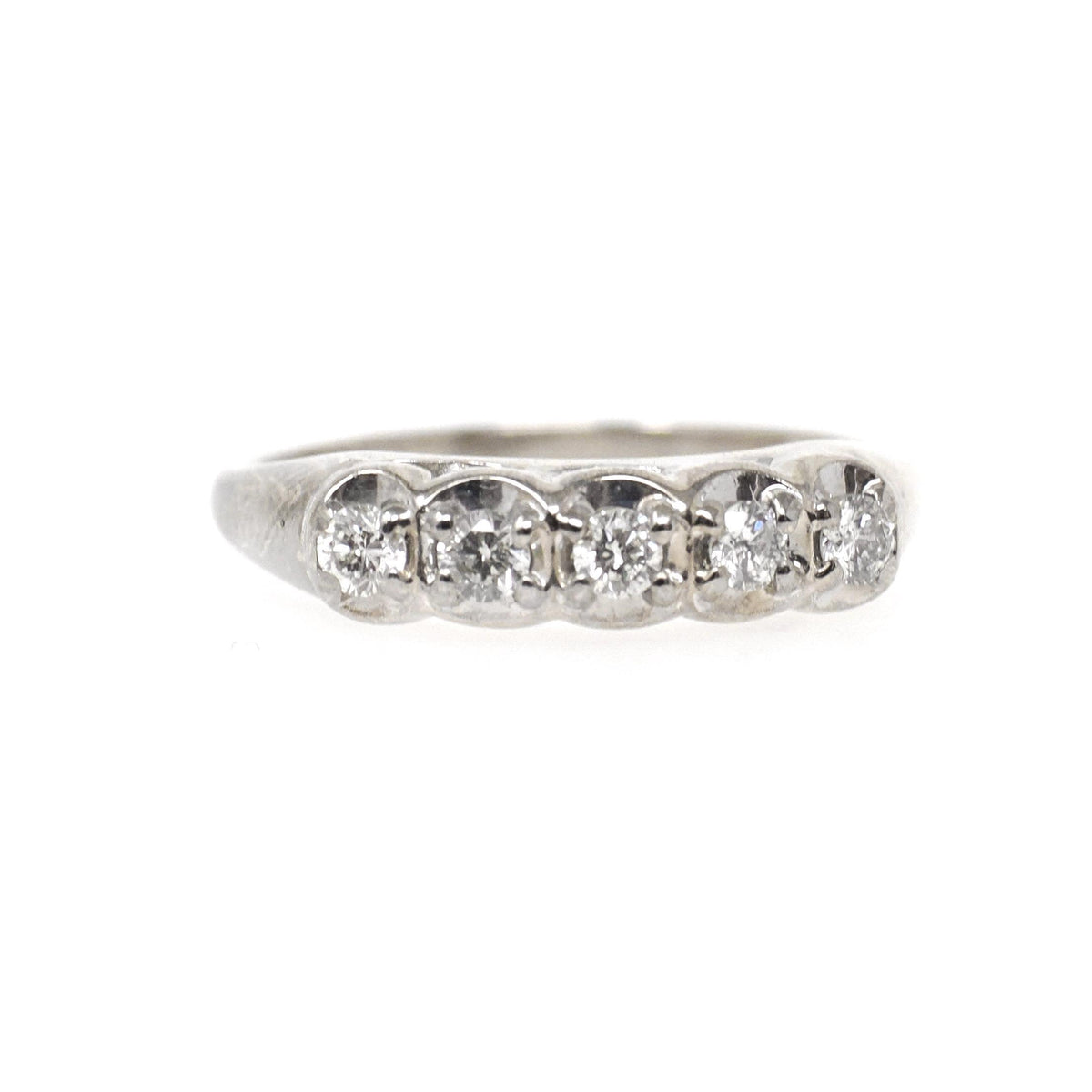 Mid Century Ring - Vintage 14k White Gold .25 CTW Diamond Row Wedding Band - Circa 1960s Size 6 Fine Stacking Bridal Statement Fine Jewelry