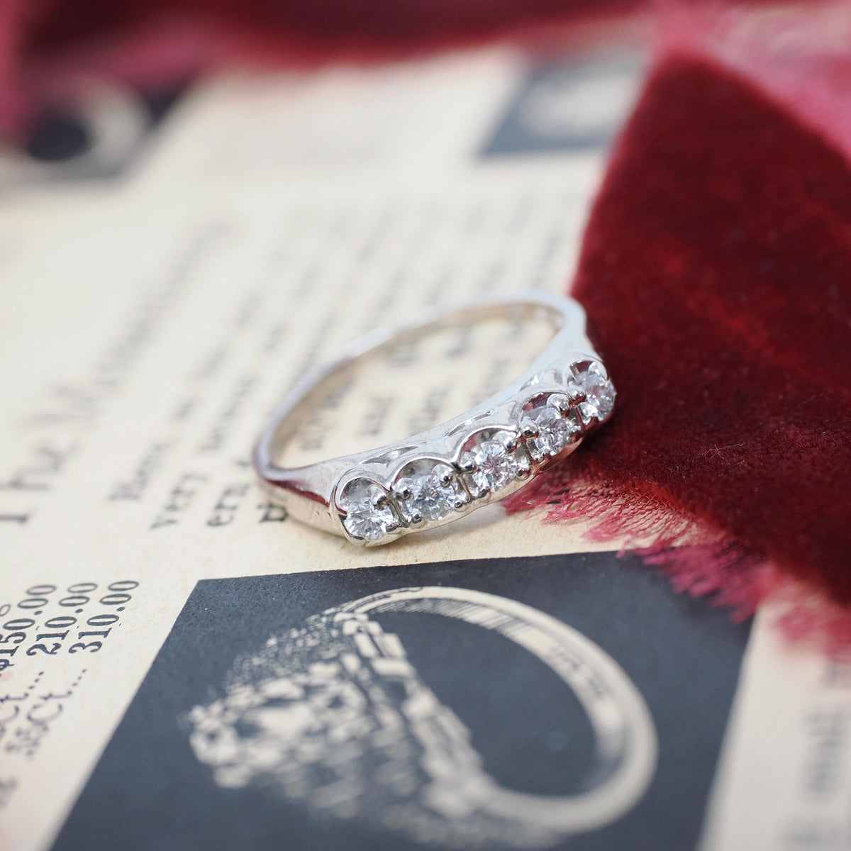 Mid Century Ring - Vintage 14k White Gold .25 CTW Diamond Row Wedding Band - Circa 1960s Size 6 Fine Stacking Bridal Statement Fine Jewelry