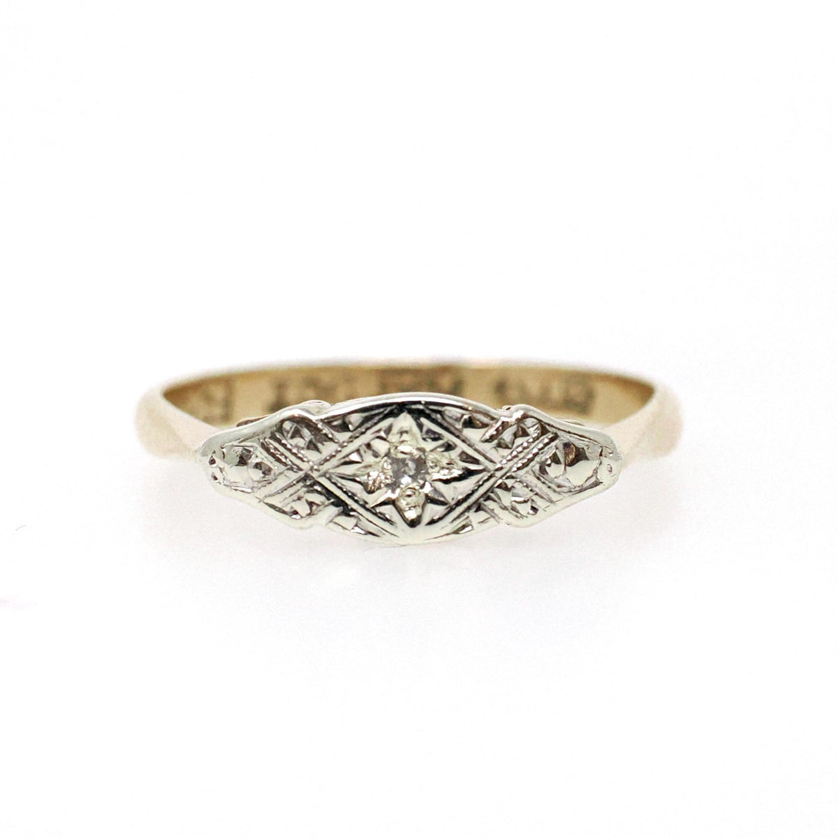 Art Deco Ring - Antique 9k Yellow Gold & Platinum Star Incised Diamond Band - Circa 1920s Era Size 5 East West Eye Fine Two Tone Jewelry