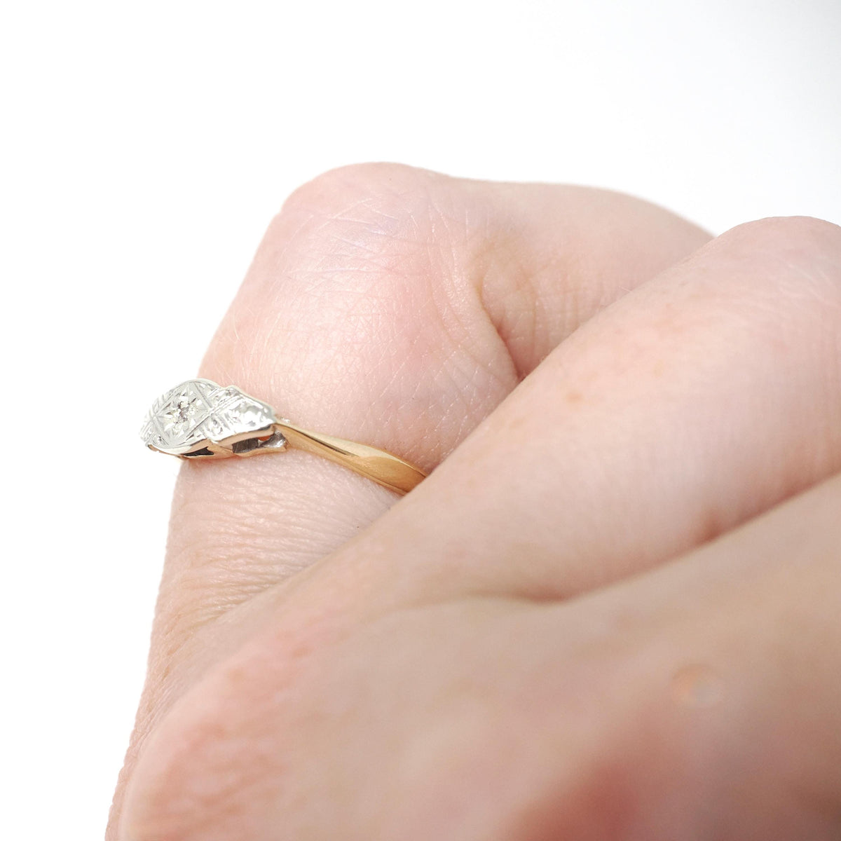 Art Deco Ring - Antique 9k Yellow Gold & Platinum Star Incised Diamond Band - Circa 1920s Era Size 5 East West Eye Fine Two Tone Jewelry