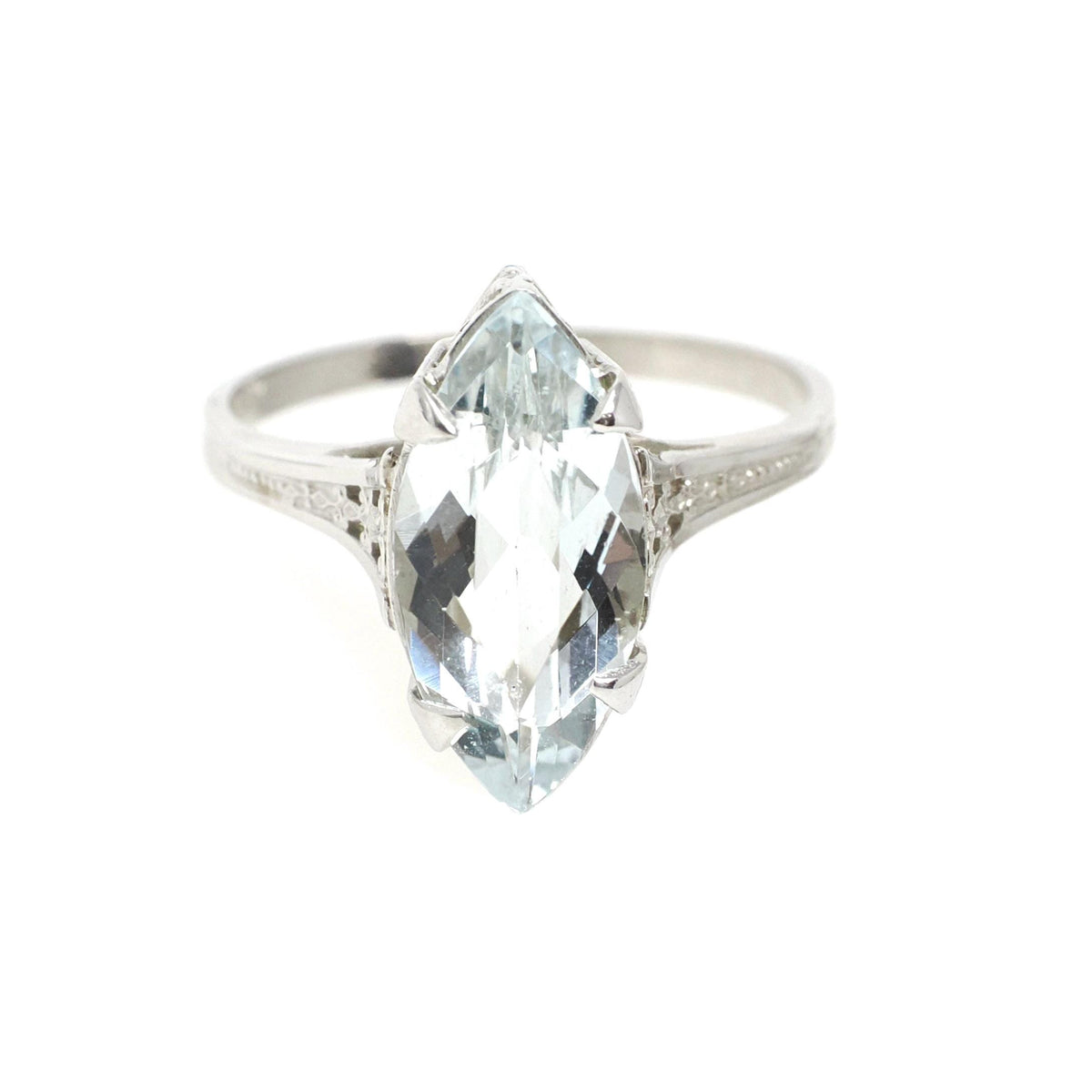 Vintage Aquamarine Ring - Art Deco 14k White Gold Light Blue Marquise Gem Engagement - Circa 1930s Era Size 7 March Birthstone Fine Jewelry