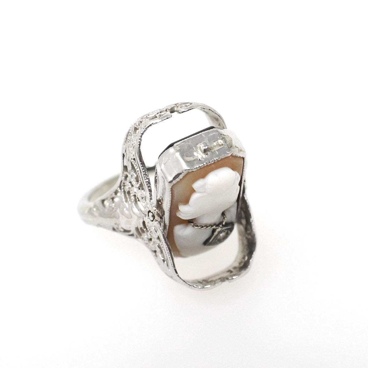 Vintage Flip Ring - Art Deco 14k White Gold Two Sided Shell Cameo Black Onyx Natural Diamond - Circa 1930s Size 6 1/2 Filigree Fine Jewelry