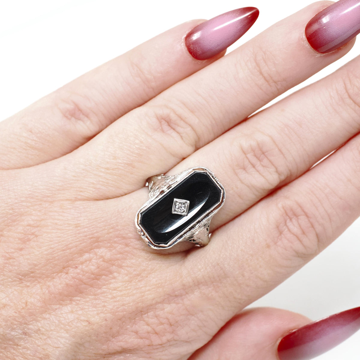 Vintage Flip Ring - Art Deco 14k White Gold Two Sided Shell Cameo Black Onyx Natural Diamond - Circa 1930s Size 6 1/2 Filigree Fine Jewelry
