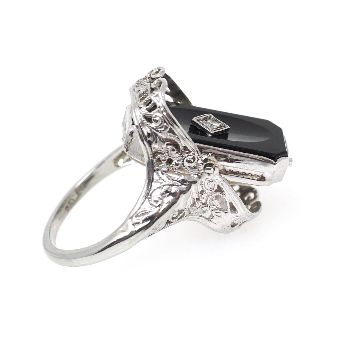 Vintage Flip Ring - Art Deco 14k White Gold Two Sided Shell Cameo Black Onyx Natural Diamond - Circa 1930s Size 6 1/2 Filigree Fine Jewelry