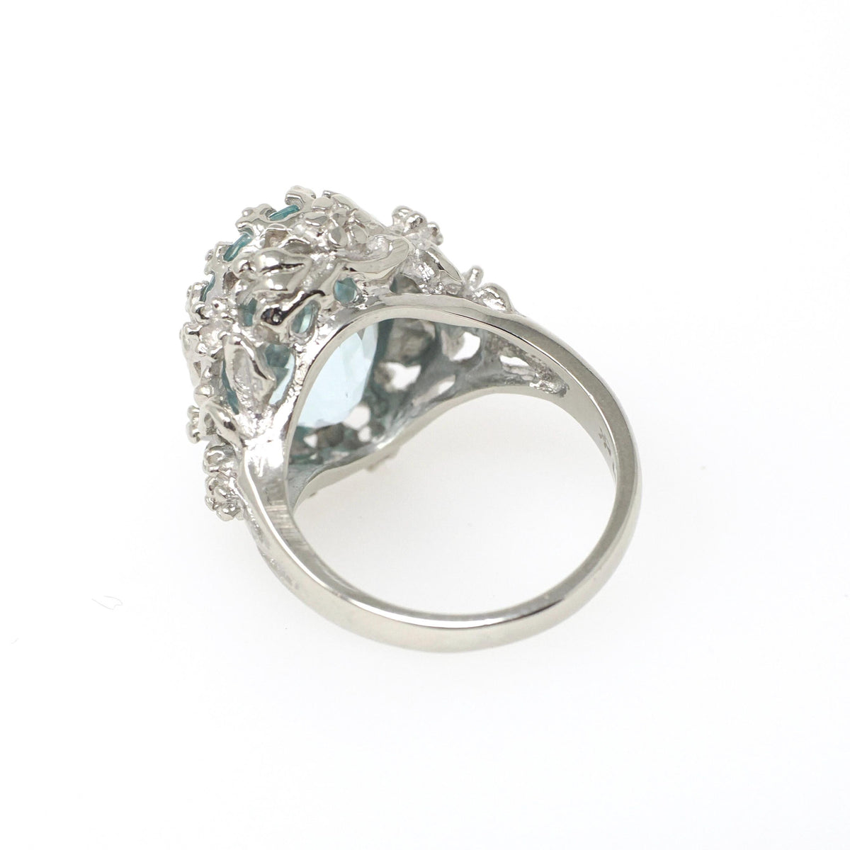 Aquamarine Flower Ring - Contemporary 14k White Gold Natural Oval 6.30 CT Solitaire - Circa 2000's Size 4 1/2 March Birthstone Fine Jewelry