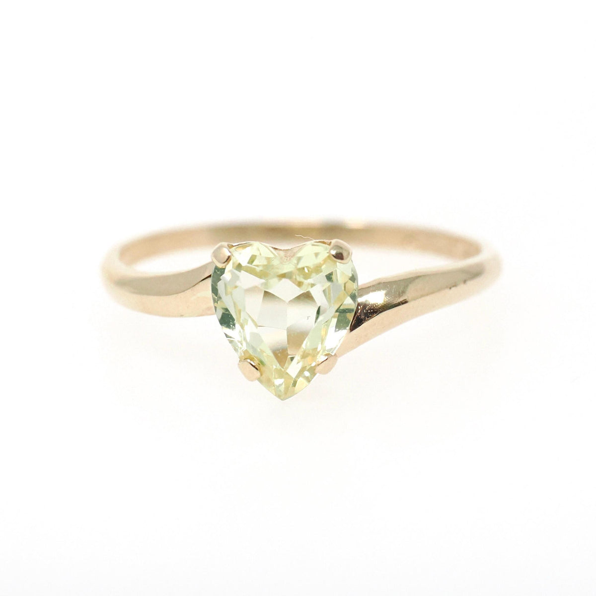 Vintage Heart Ring - Mid Century 10k Yellow Gold Light Green Created Spinel Bypass - Circa 1960s Size 6 1/2 August Birthstone Fine Jewelry