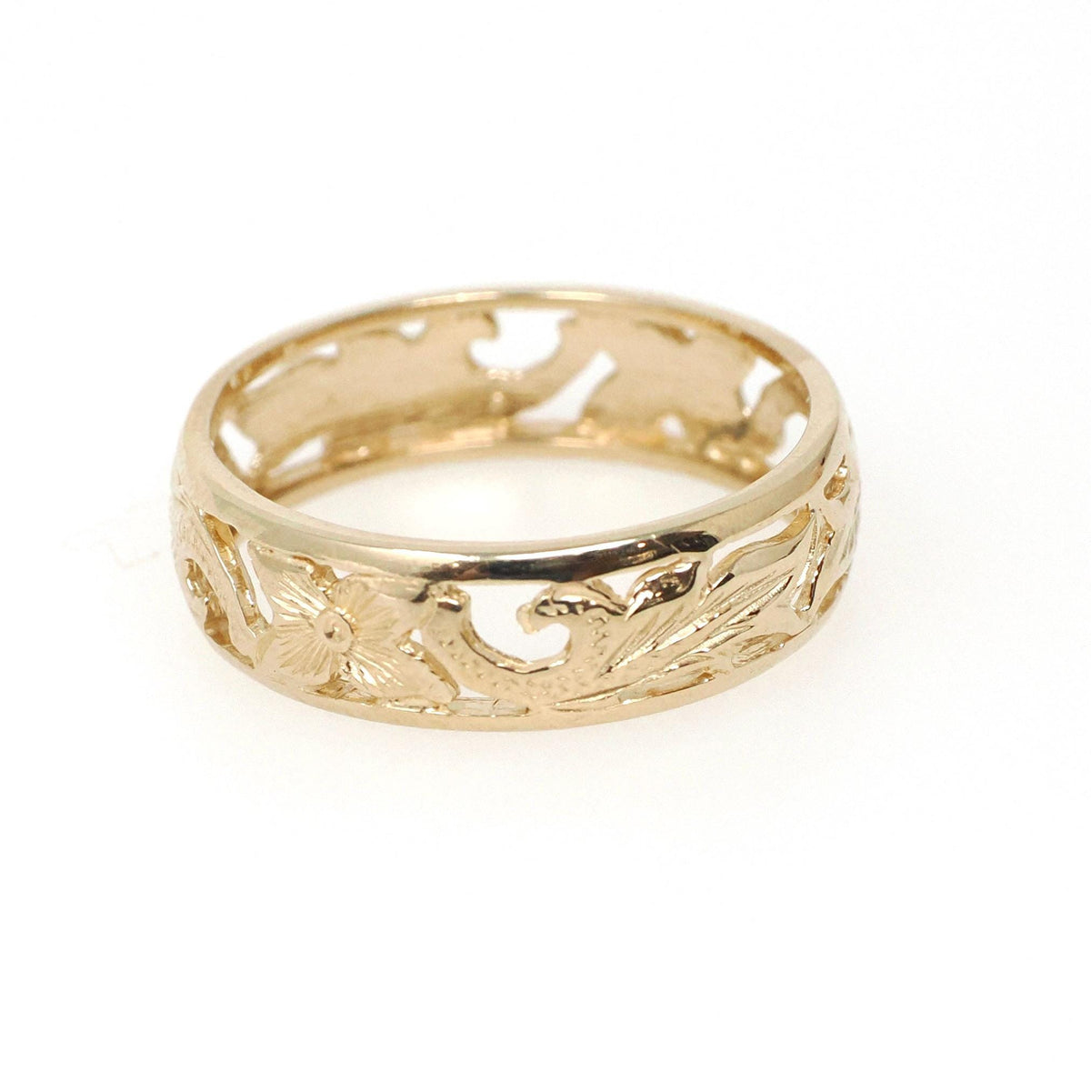 Vintage Floral Band - Mid Century Era 14k Yellow Gold Pierced Leaf & Flowers Wedding Ring - Circa 1960s Nature 5.8 MM Size 7 Fine Jewelry