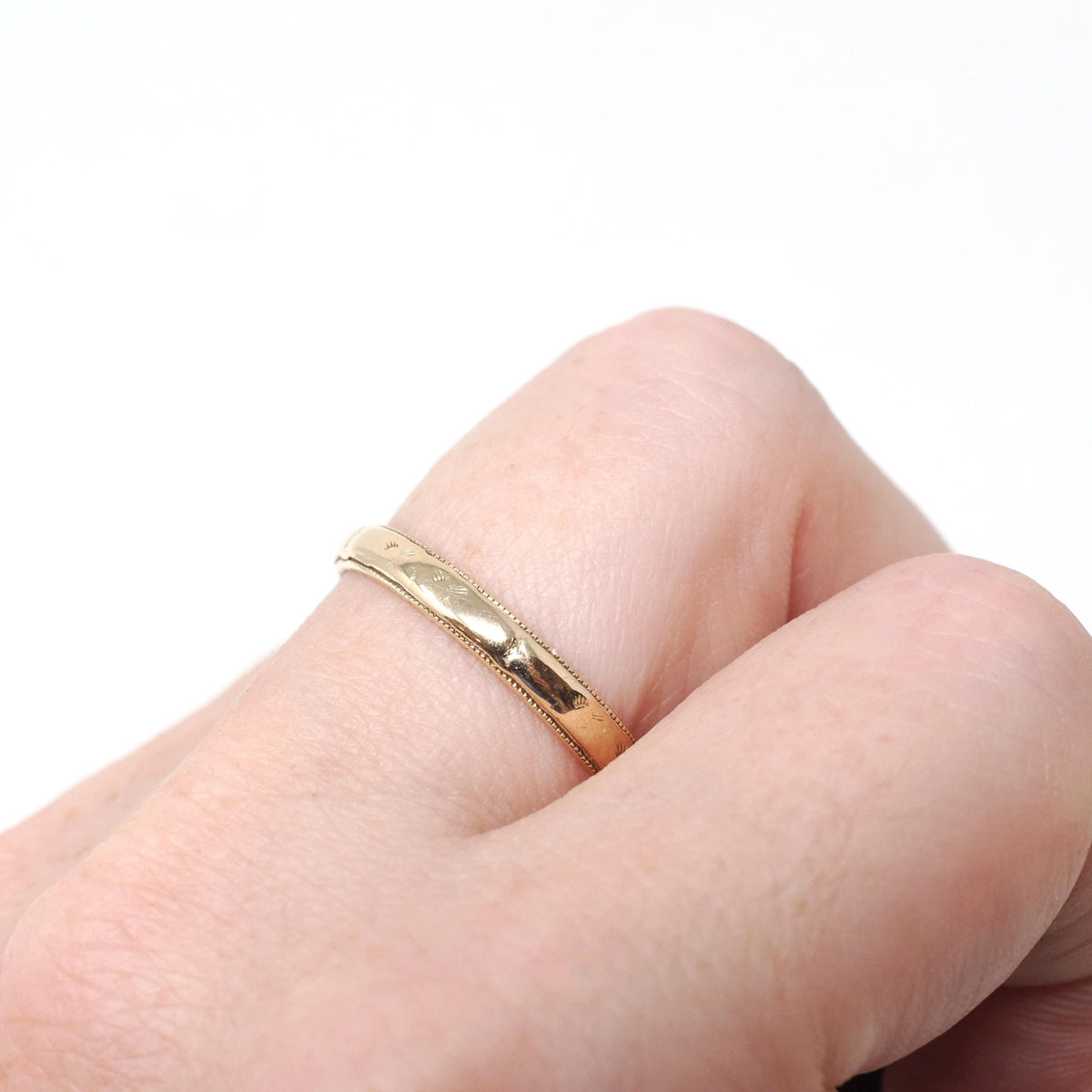 Vintage Eternity Band - Art Deco 14k Yellow Gold 3.0 mm Orange Blossom Milgrain Engraved Ring - Circa 1930s Size 9 3/4 Fine Bridal Jewelry
