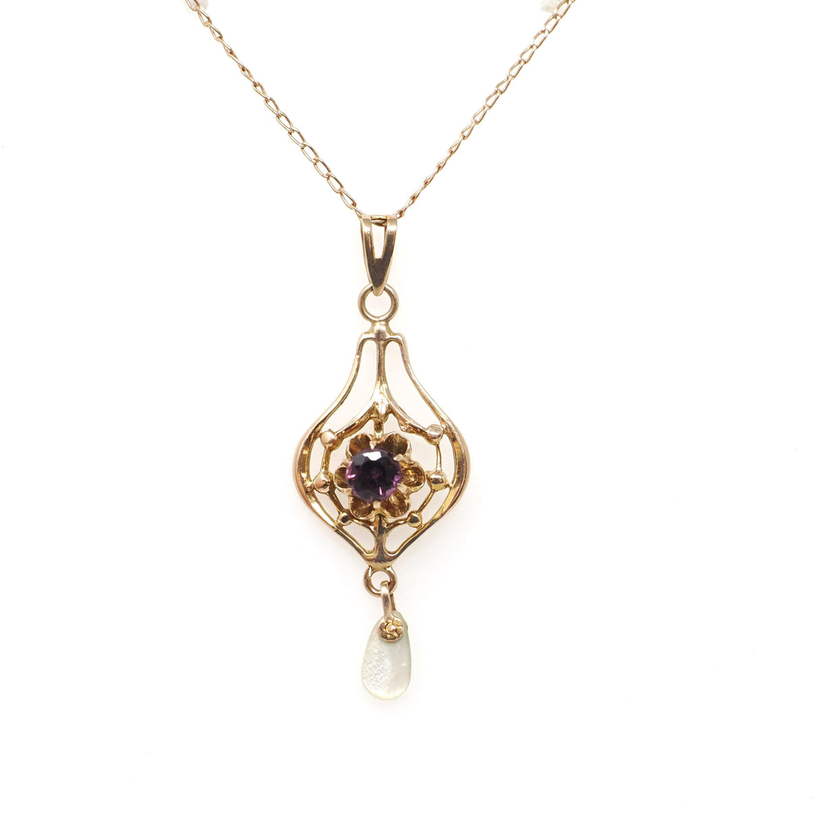 Vintage Lavalier Necklace - Edwardian 10k Yellow Gold Pearl Pendant Charm - Antique Circa 1910s Era Purple Garnet Glass Doublet Fine Jewelry