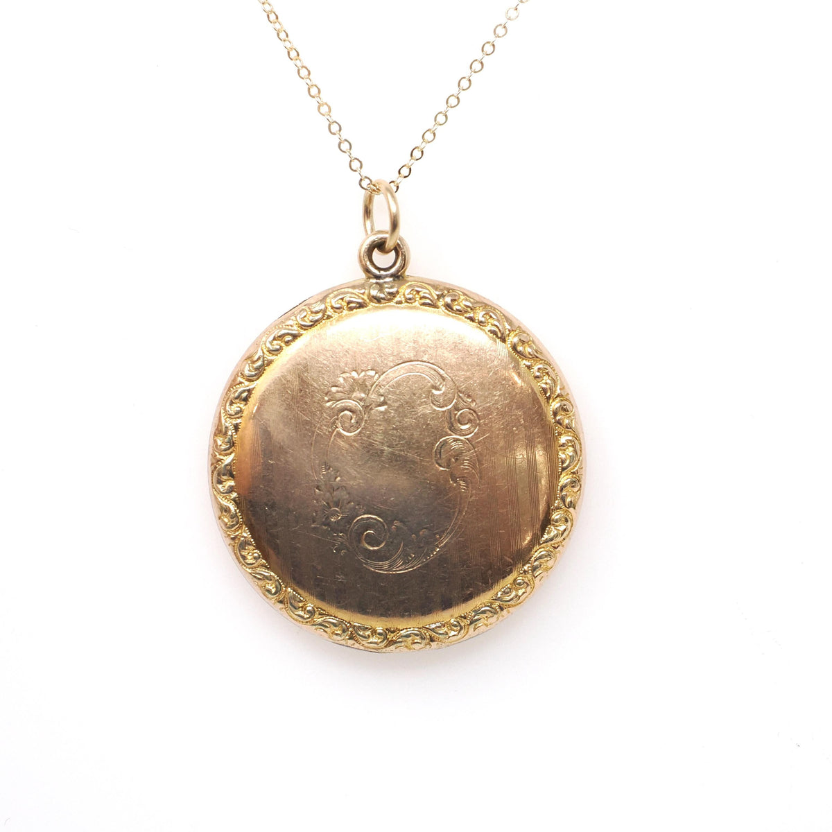 Antique Flower Locket - Edwardian Gold Filled Engraved Designs Pinstripe Pendant Necklace - Circa 1910s Era Round Keepsake Statement Jewelry