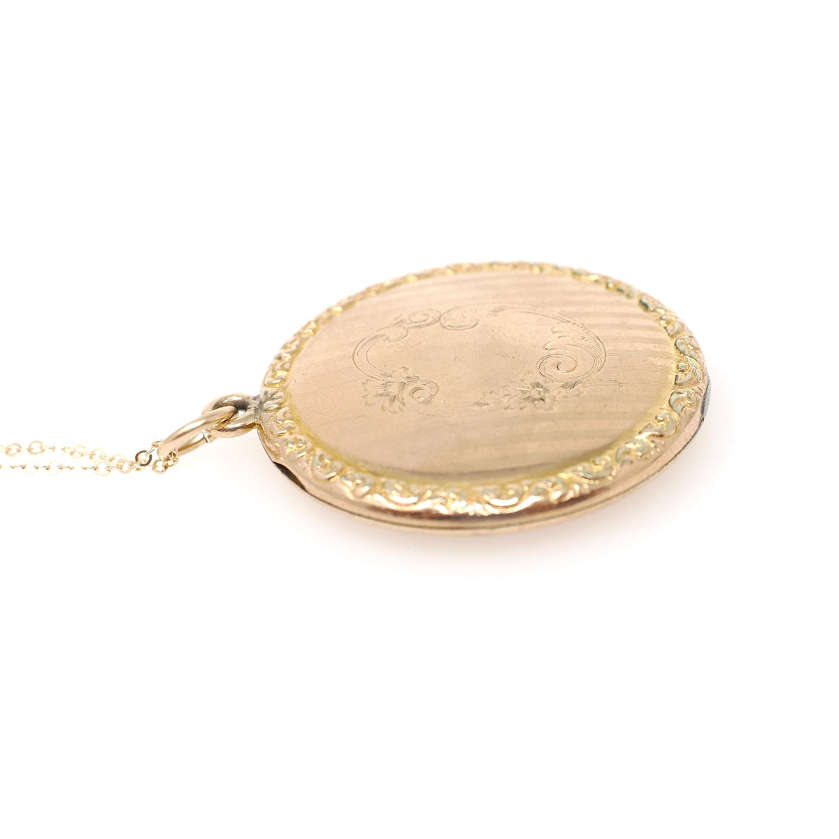 Antique Flower Locket - Edwardian Gold Filled Engraved Designs Pinstripe Pendant Necklace - Circa 1910s Era Round Keepsake Statement Jewelry