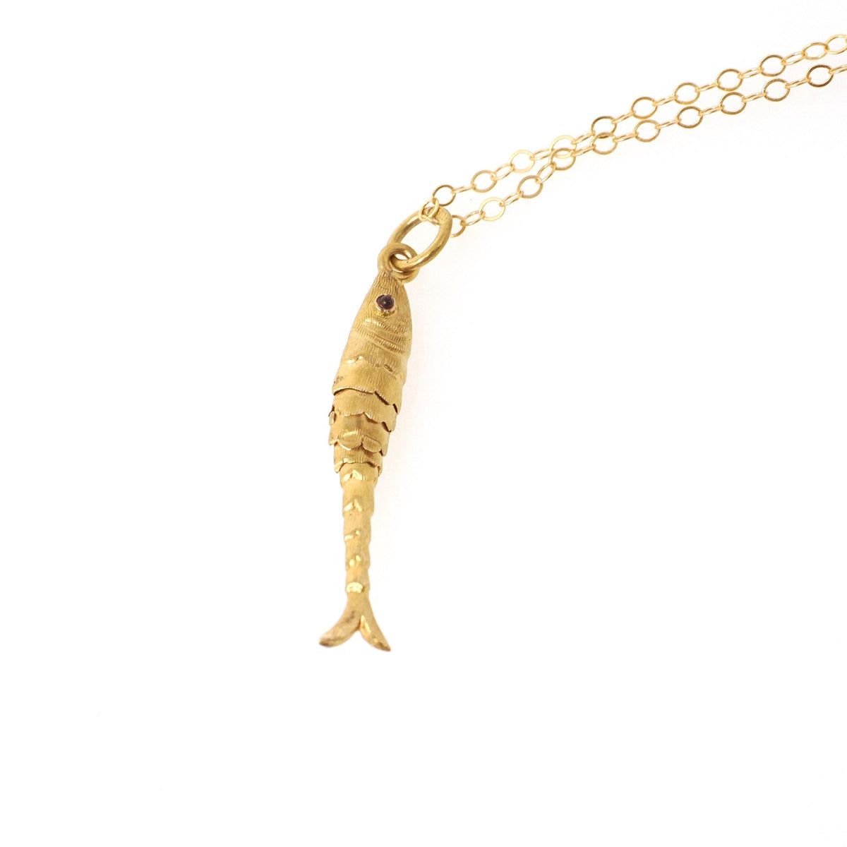 Articulated Fish Pendant - Modernist 15k Yellow Gold Figural Kinetic Charm Necklace - Vintage Circa 1970s Era Moving Animal Fine Jewelry