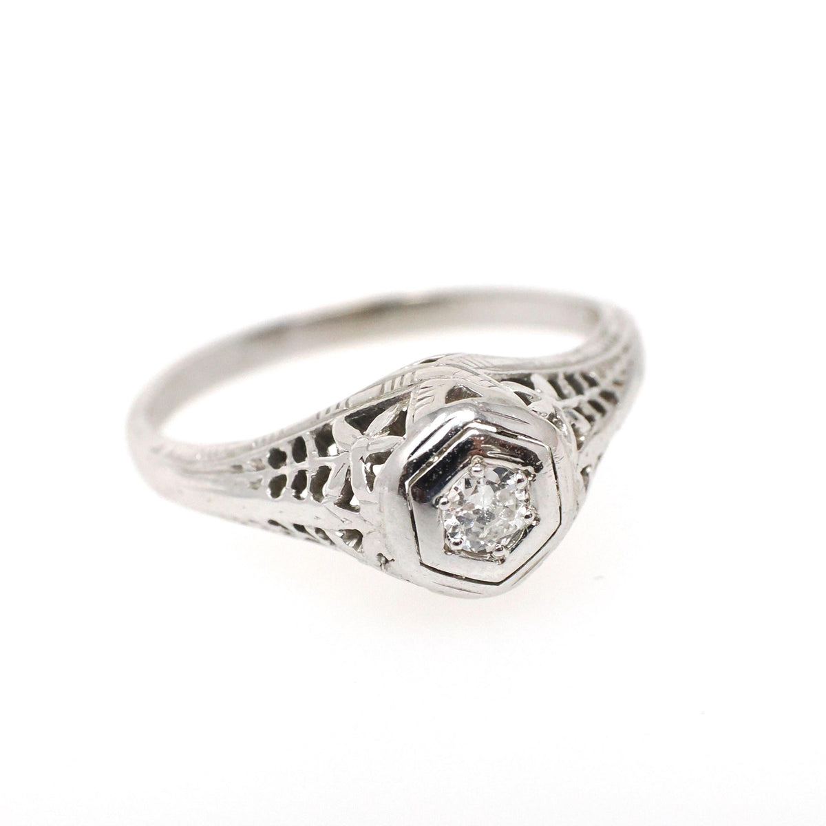 Vintage Diamond Ring - Art Deco 18k White Gold Natural .10 CT Transitional Brilliant Hex Engagement - Circa 1930s Size 5 Fine Bridal Jewelry