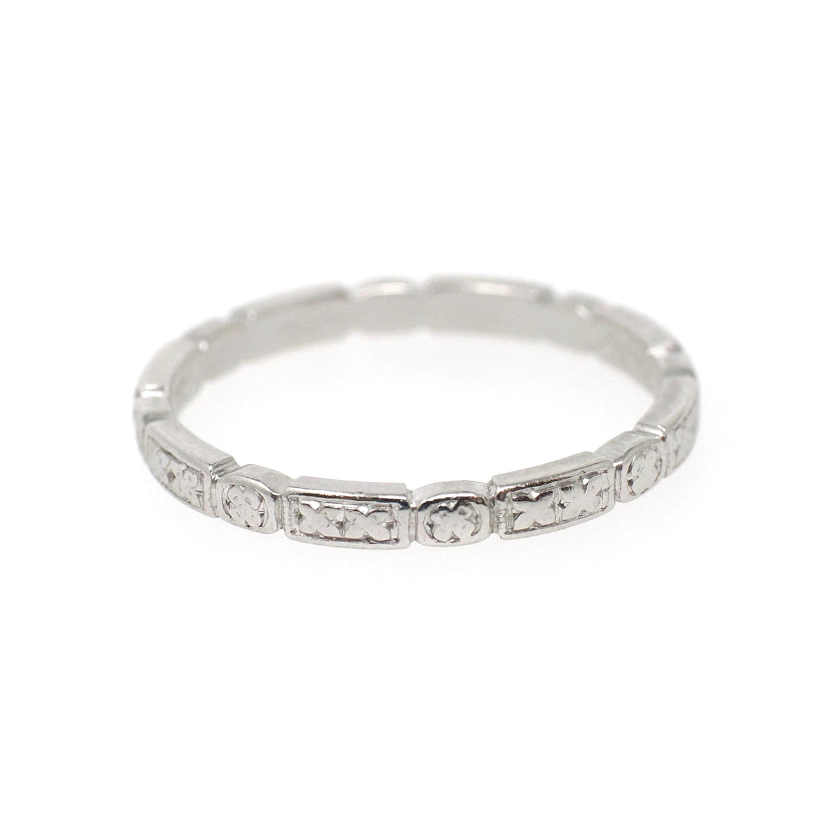 Vintage Wedding Band - Art Deco Era Platinum Engraved 2.3 MM Orange Blossom Eternity Ring - Dated 1937 Size 8.5 Bridal Floral Fine Jewelry