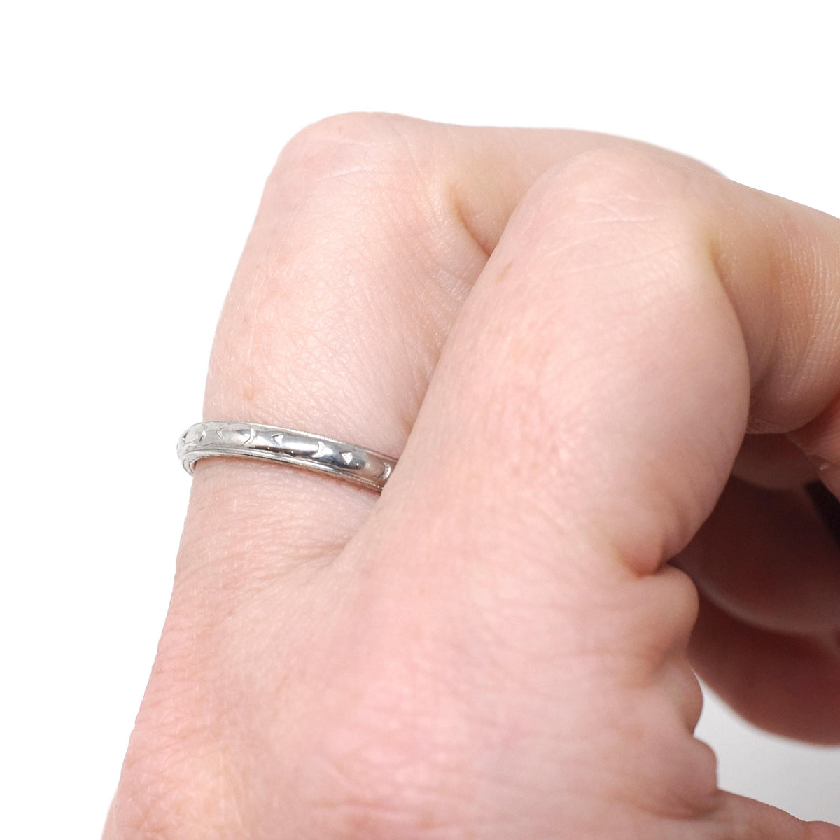 Vintage Wedding Band - Art Deco Platinum & 18k White Gold 2.3 MM Geometric Orange Blossom Eternity Ring - Circa 1930s Size 6.5 Fine Jewelry