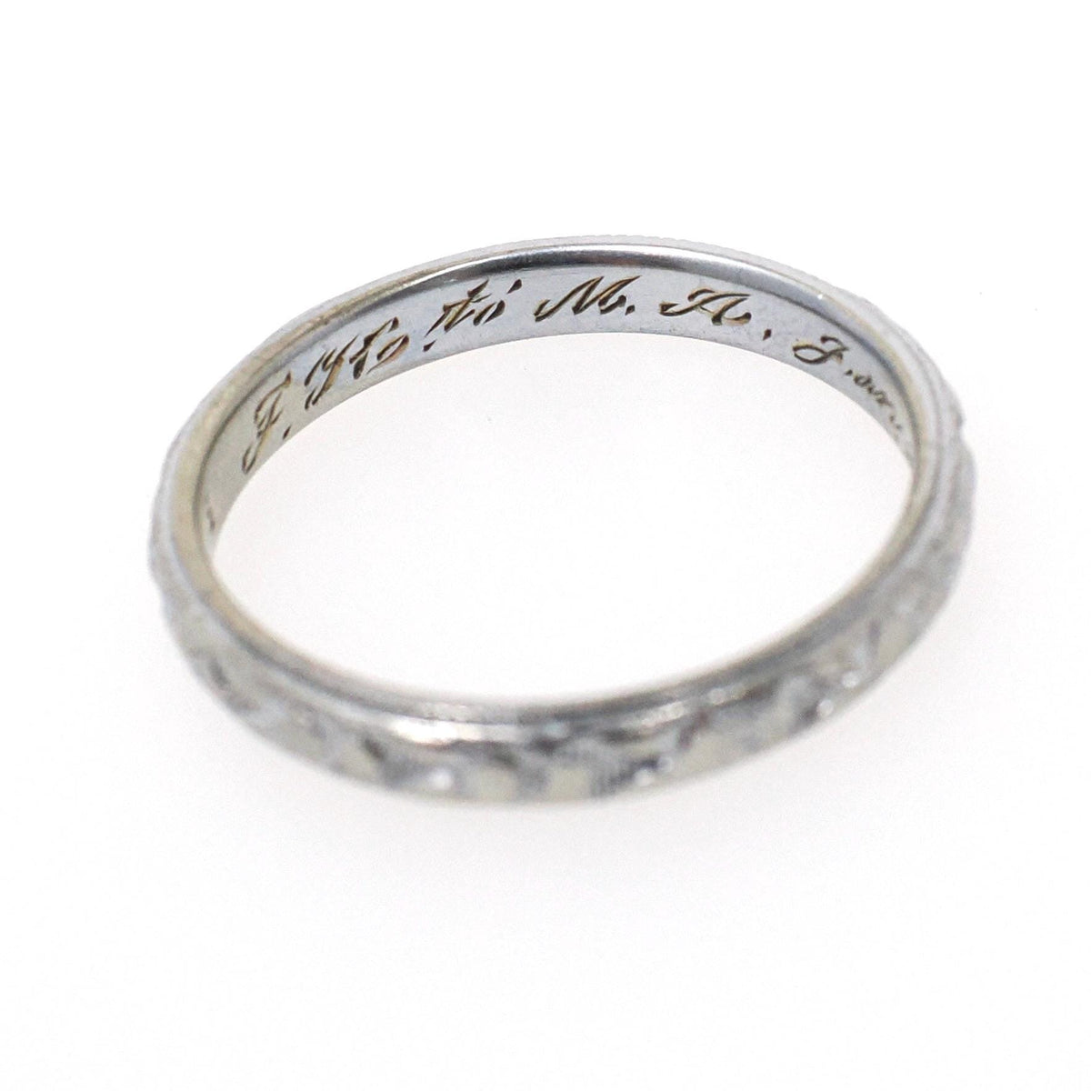 Art Deco Wedding Band - Antique 18k White Gold Orange Blossom 2.9 MM Eternity Ring - Circa 1920s Era Size 6 3/4 Engraved Bridal Fine Jewelry