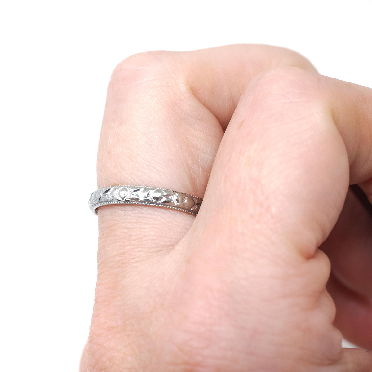 Art Deco Wedding Band - Antique 18k White Gold Orange Blossom 2.9 MM Eternity Ring - Circa 1920s Era Size 6 3/4 Engraved Bridal Fine Jewelry