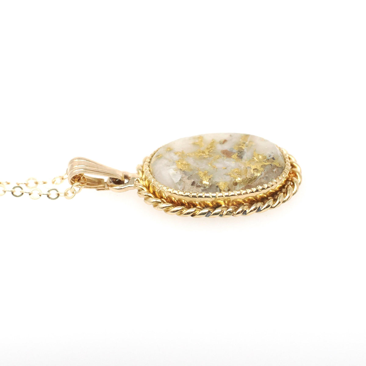 Gold in Quartz Pendant - Contemporary 14k Yellow Gold Oval Gemstone Charm Necklace - Estate Circa 1990s Era Twisted Rope Halo Fine Jewelry