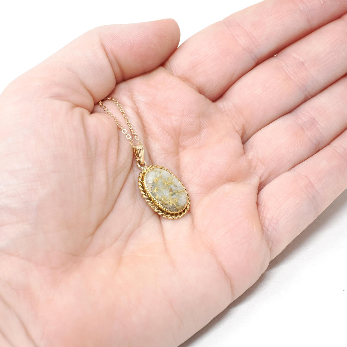 Gold in Quartz Pendant - Contemporary 14k Yellow Gold Oval Gemstone Charm Necklace - Estate Circa 1990s Era Twisted Rope Halo Fine Jewelry
