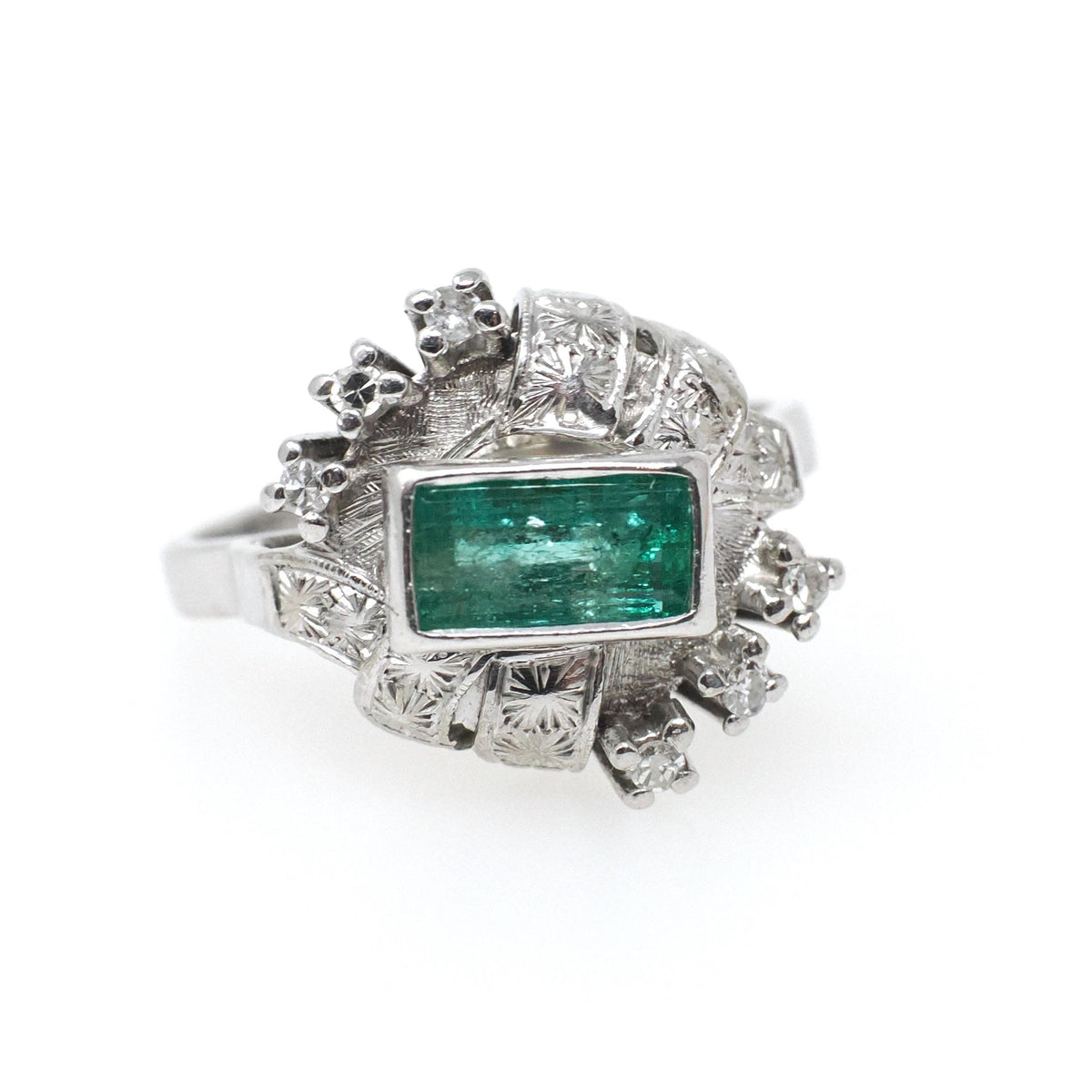 Emerald Bypass Ring - Vintage 18k White Gold Handmade Natural Green Gem & Diamonds Halo - Circa 1960s Size 8 1/2 Fine May Birthstone Jewelry