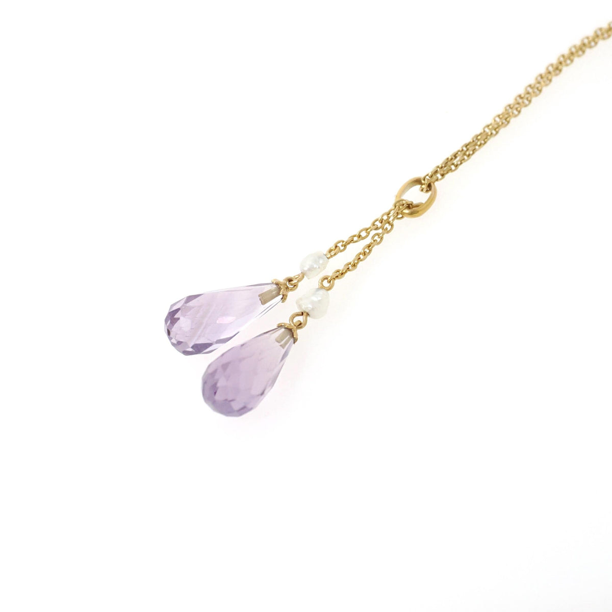Edwardian Lariat Necklace - Antique 14k & 18k Yellow Gold Amethyst Gemstone Drop Briolettes - Circa 1910s February Birthstone Fine Jewelry