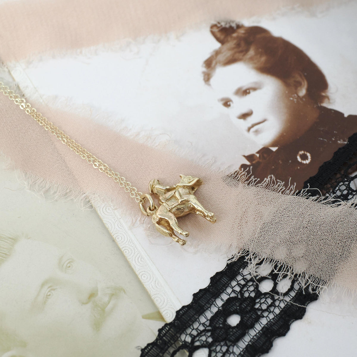 Vintage Lady Godiva Charm - Modernist 9k Yellow Gold Dainty English Legend Female Figural Pendant Necklace - 1960s Equestrian Fine Jewelry