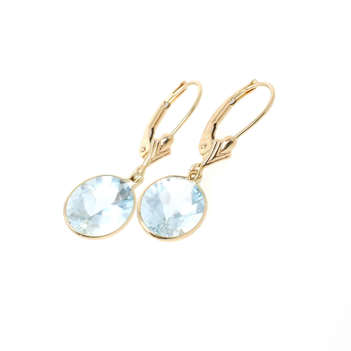 Contemporary Aquamarine Earrings - 14k Yellow Gold Hinged Lever Back Drops Blue Gemstones - Circa 2000's Era March Birthstone Fine Jewelry
