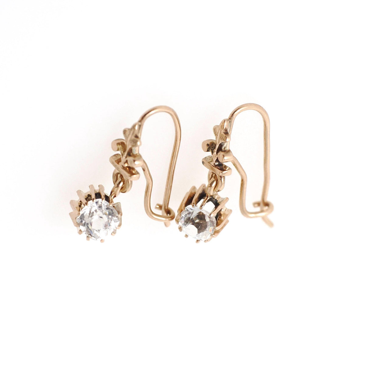 Victorian Paste Earrings - Antique 10k Rosy Yellow Gold Dangle Drops - Circa 1890s Era Faceted Old Mine Clear Glass Candlelight Fine Jewelry