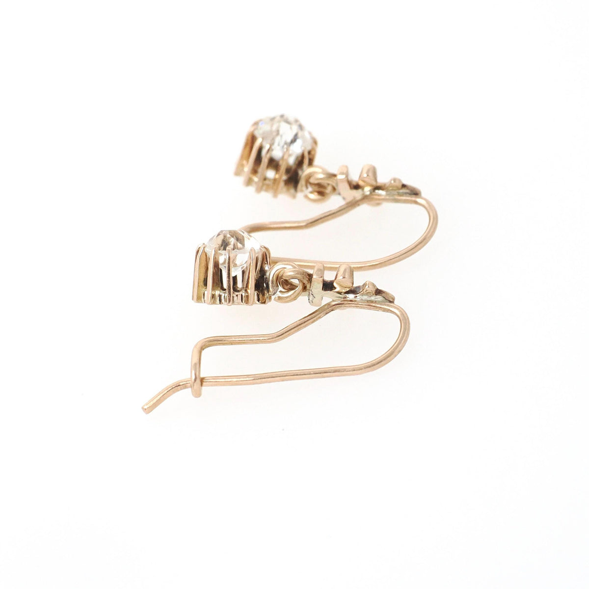 Victorian Paste Earrings - Antique 10k Rosy Yellow Gold Dangle Drops - Circa 1890s Era Faceted Old Mine Clear Glass Candlelight Fine Jewelry