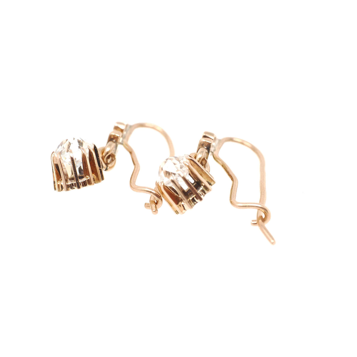 Victorian Paste Earrings - Antique 10k Rosy Yellow Gold Dangle Drops - Circa 1890s Era Faceted Old Mine Clear Glass Candlelight Fine Jewelry