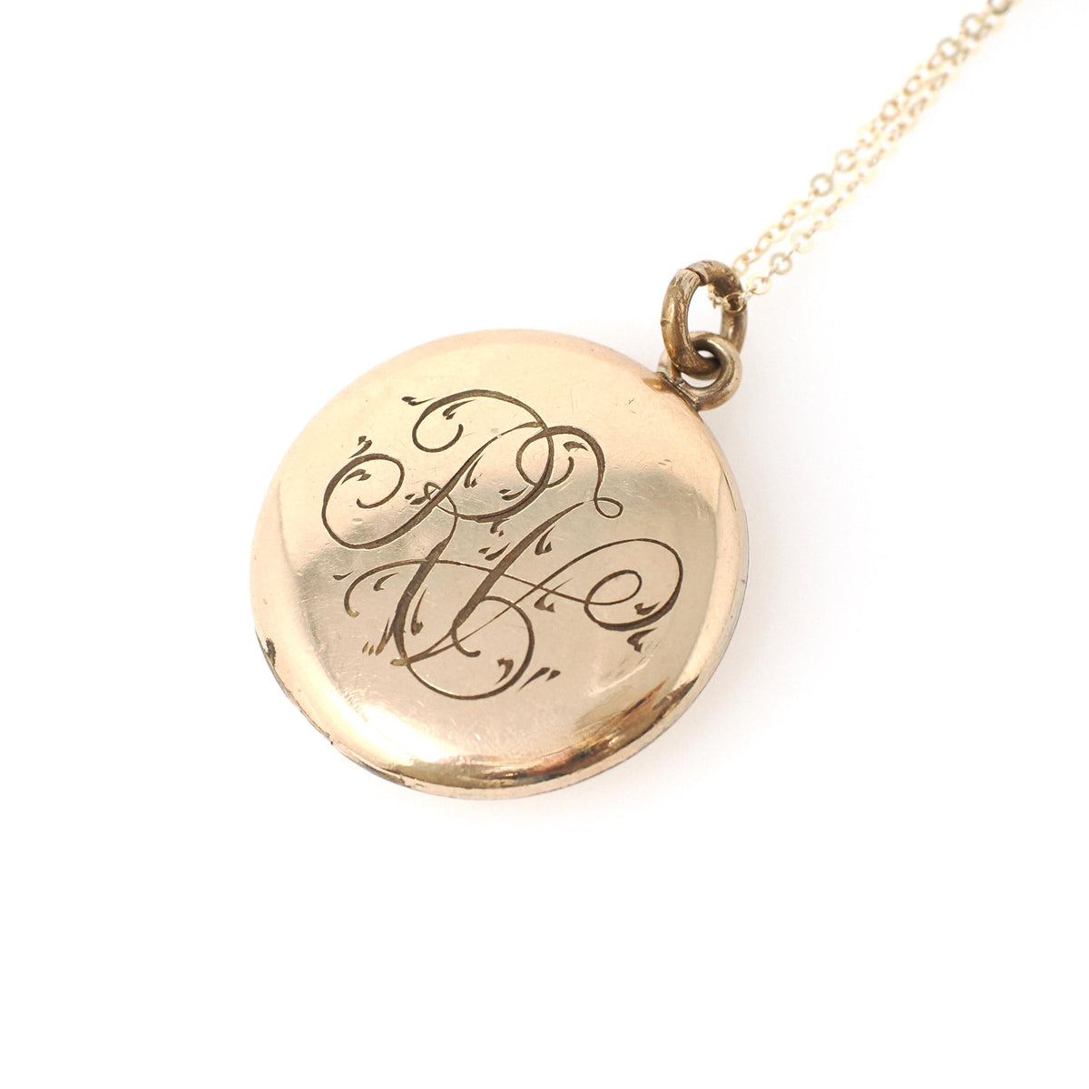 Antique Monogrammed Locket - Edwardian Gold Filled Round Engraved Keepsake Pendant Necklace - Antique 1910s Original Photo Fashion Jewelry