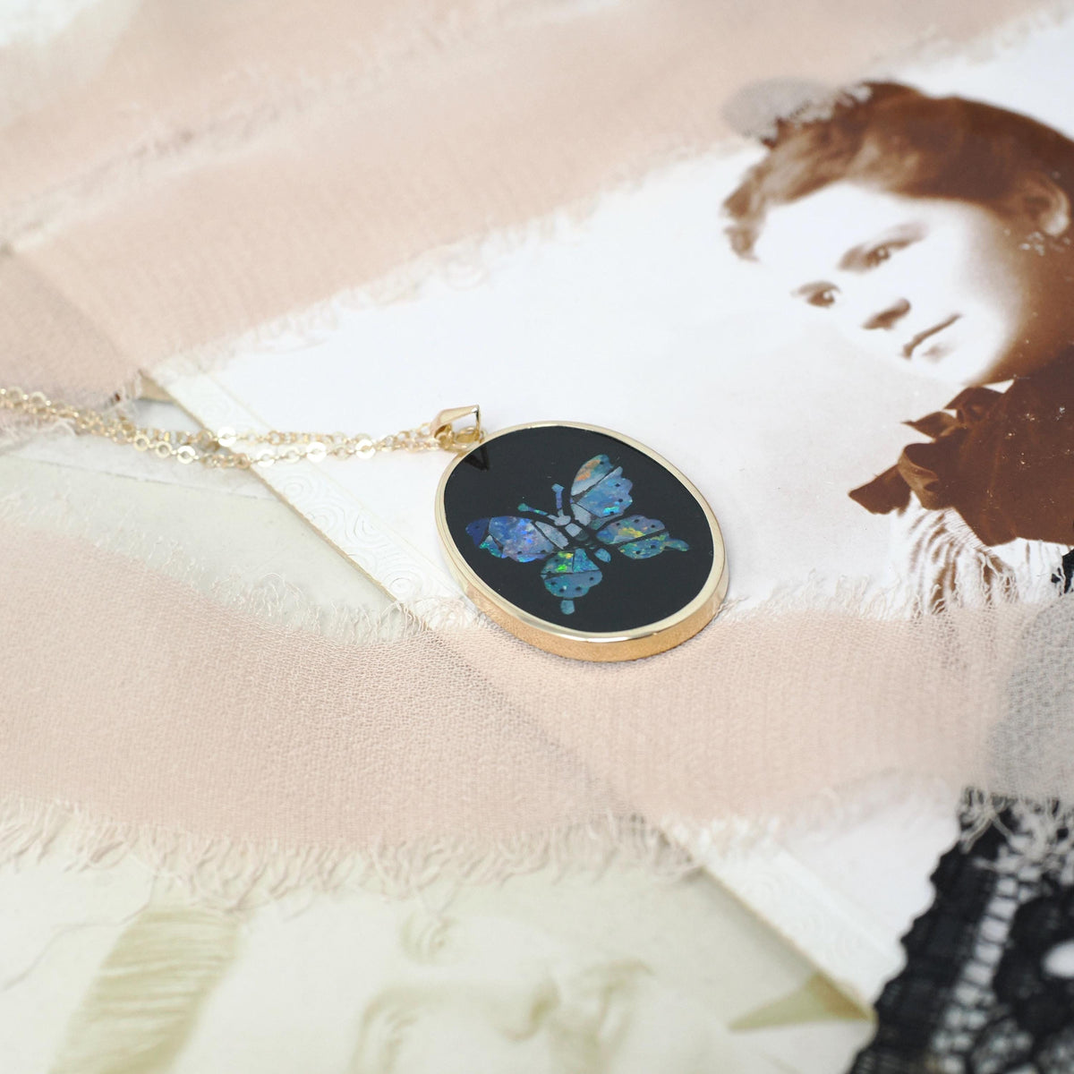 Vintage Butterfly Pendant - Contemporary 14K Yellow Gold Black Glass Mosaic Opal Inlay Charm - Estate Circa 2000s Wing Necklace Fine Jewelry