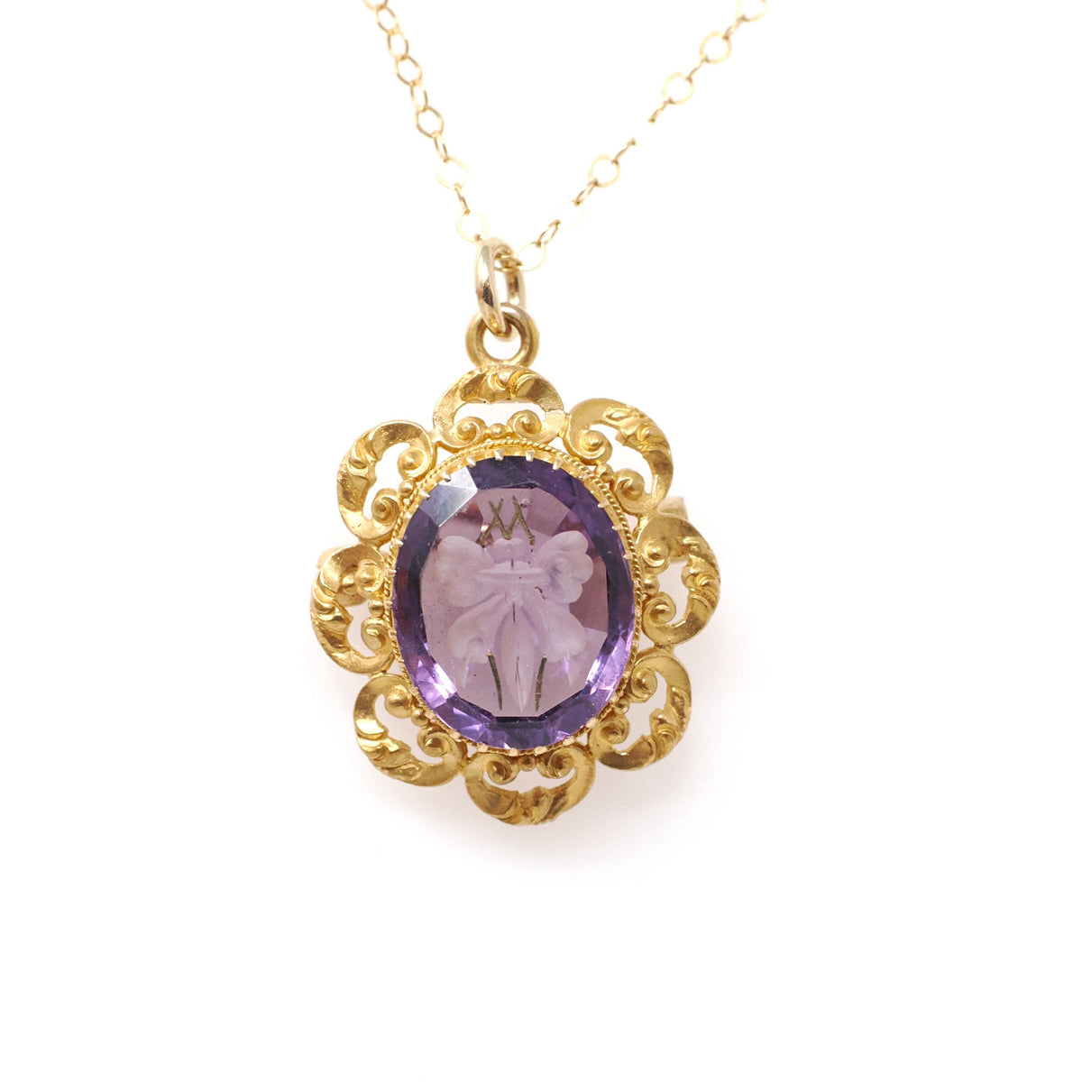 Antique Butterfly Amethyst Pendant - Victorian 14k Yellow Gold Natural Carved Purple Gem Necklace - Vintage 1890s Brooch Charm Fine Jewelry
