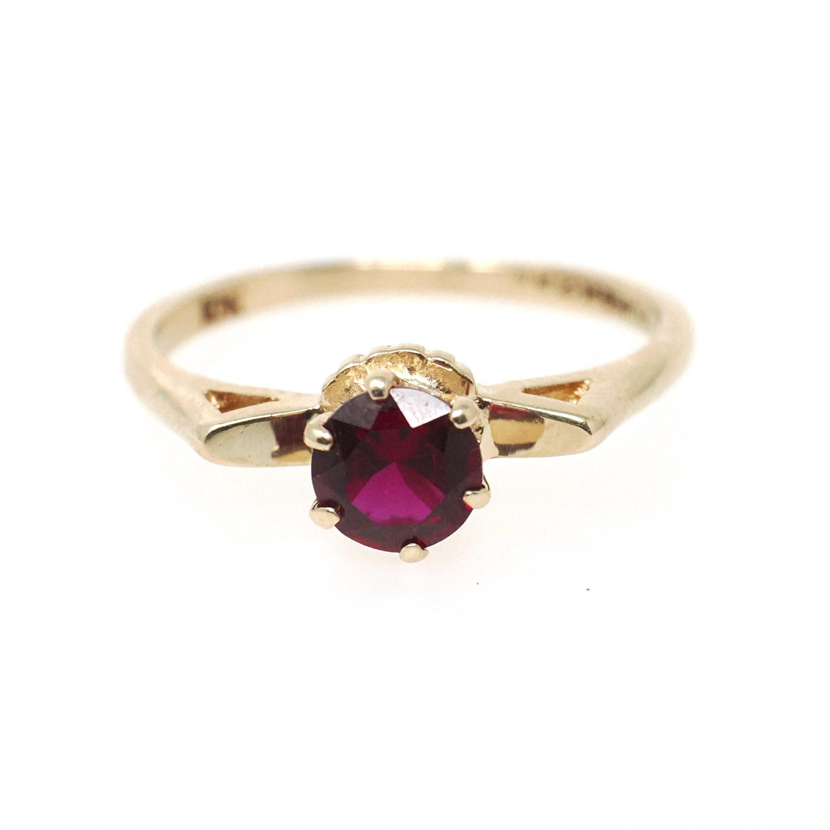 Created Ruby Ring - Mid Century 10k Yellow Gold Round .56 CT Red Stone Solitaire - Circa 1960s Era Size 6 1/2 July Birthstone Fine Jewelry
