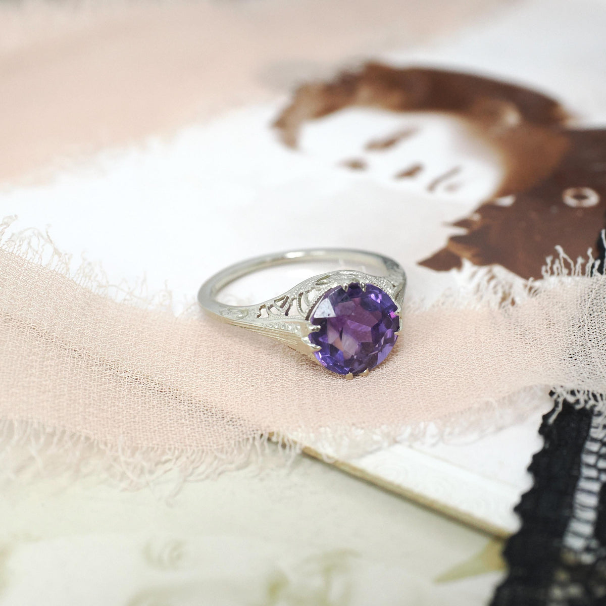 Amethyst Filigree Ring - Art Deco 14k White Gold Round Faceted 2.29 CT Purple Gemstone Solitaire - Circa 1930s Era Size 5 3/4 Fine Jewelry