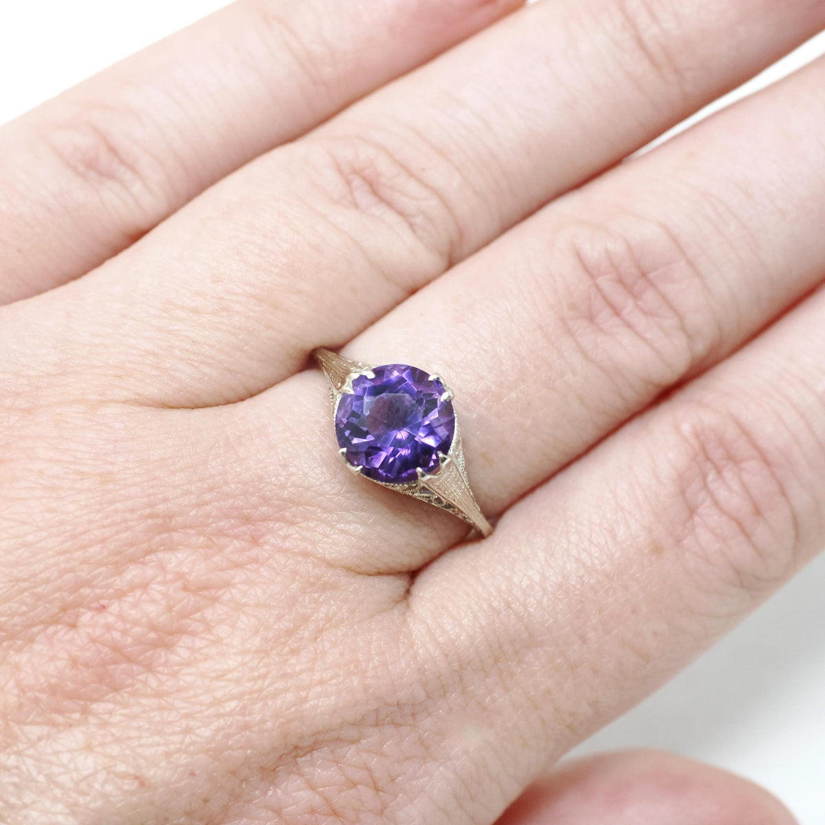Amethyst Filigree Ring - Art Deco 14k White Gold Round Faceted 2.29 CT Purple Gemstone Solitaire - Circa 1930s Era Size 5 3/4 Fine Jewelry