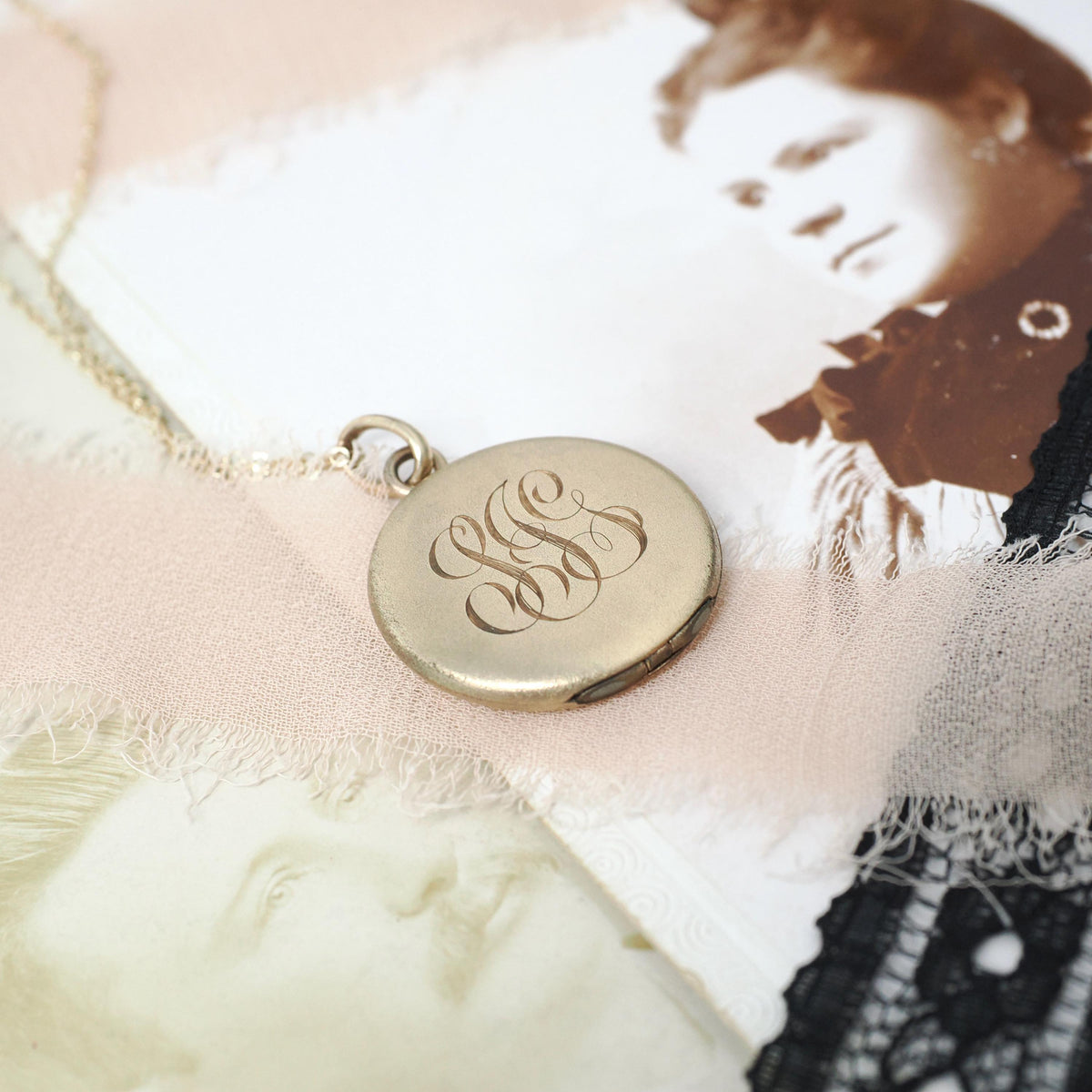 Antique Monogrammed Locket - Edwardian Gold Filled Round SJG Engraved Photo Pendant Necklace - Antique 1910s Era Photograph Keepsake Jewelry