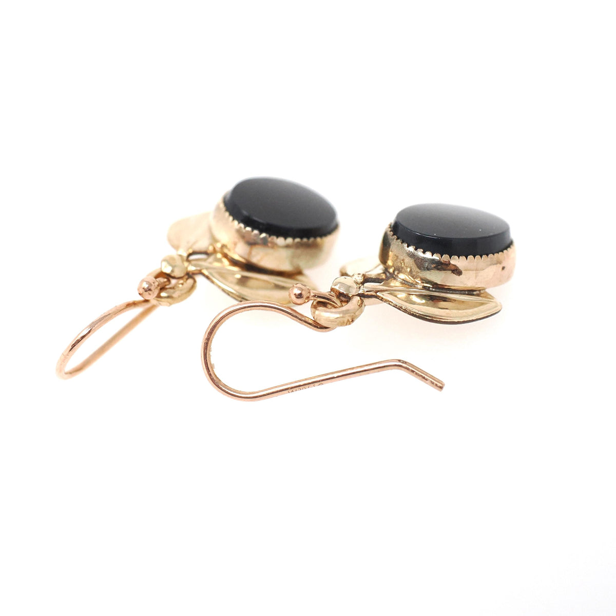 Vintage Onyx Earrings - Modernist 14k Gold Filled Black Chalcedony Gemstone Drops - Circa 1960s Era Nature Inspired Dangle Wire Back Jewelry