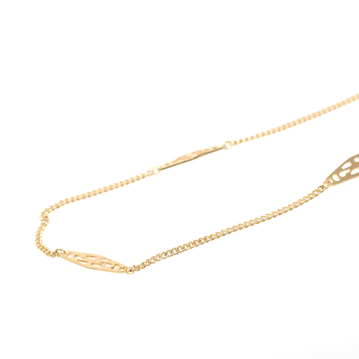 Vintage Station Necklace - Modernist 14k Yellow Gold Filigree Panels Curb Link Chain - Circa 1970s Era 19.5 Inches Spring Ring Fine Jewelry