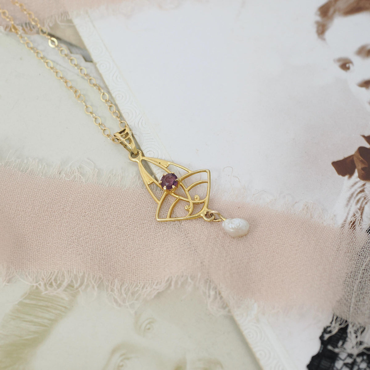Antique Lavalier Necklace - Edwardian 10k Yellow Gold Purple Glass Pendant - Circa 1910s Era Simulated Amethyst Baroque Pearl Fine Jewelry
