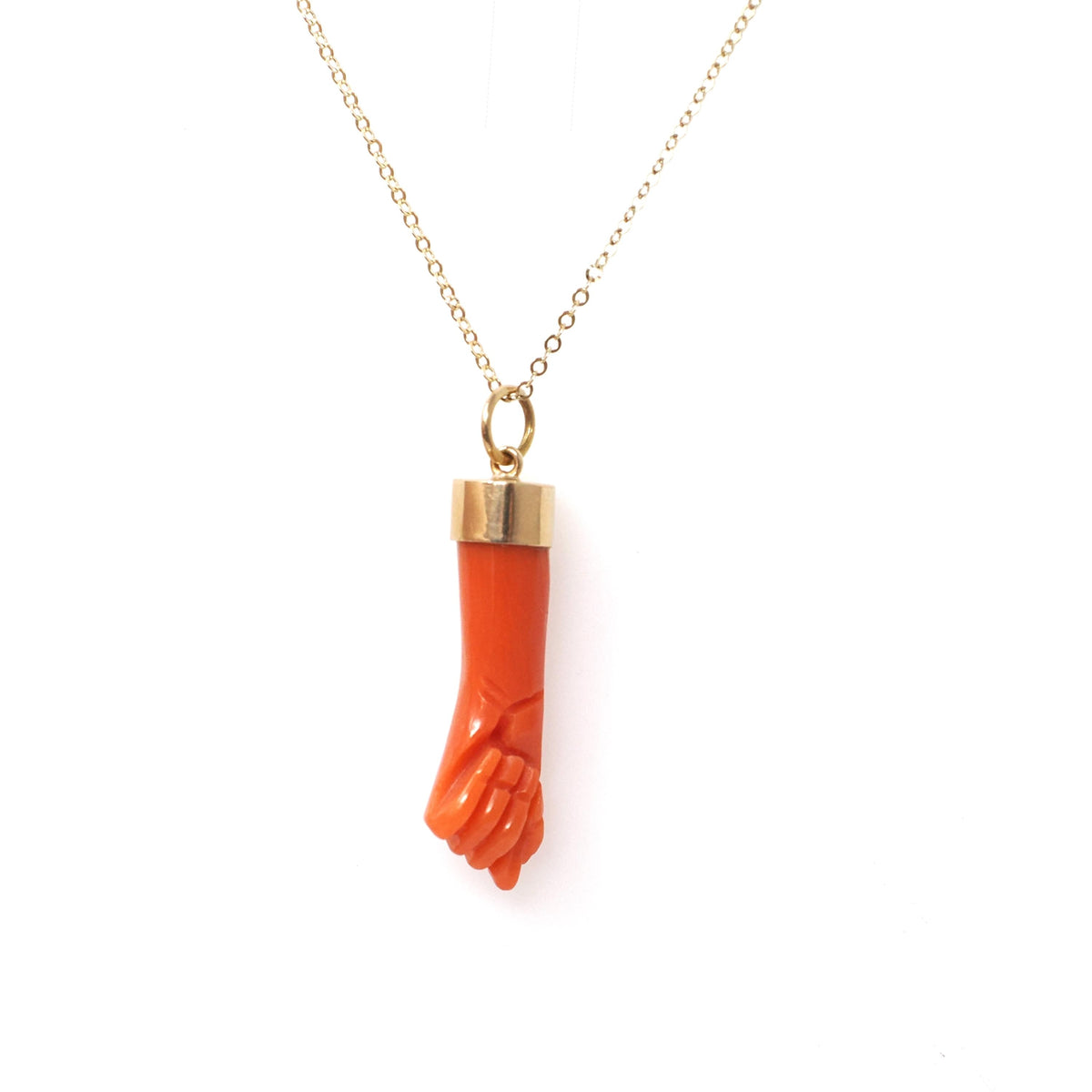 Mano Figa Pendant - Modernist 18k Yellow Gold Natural Coral Good Luck Necklace Charm - Vintage Circa 1970s Era Symbolic Hand Fine Jewelry