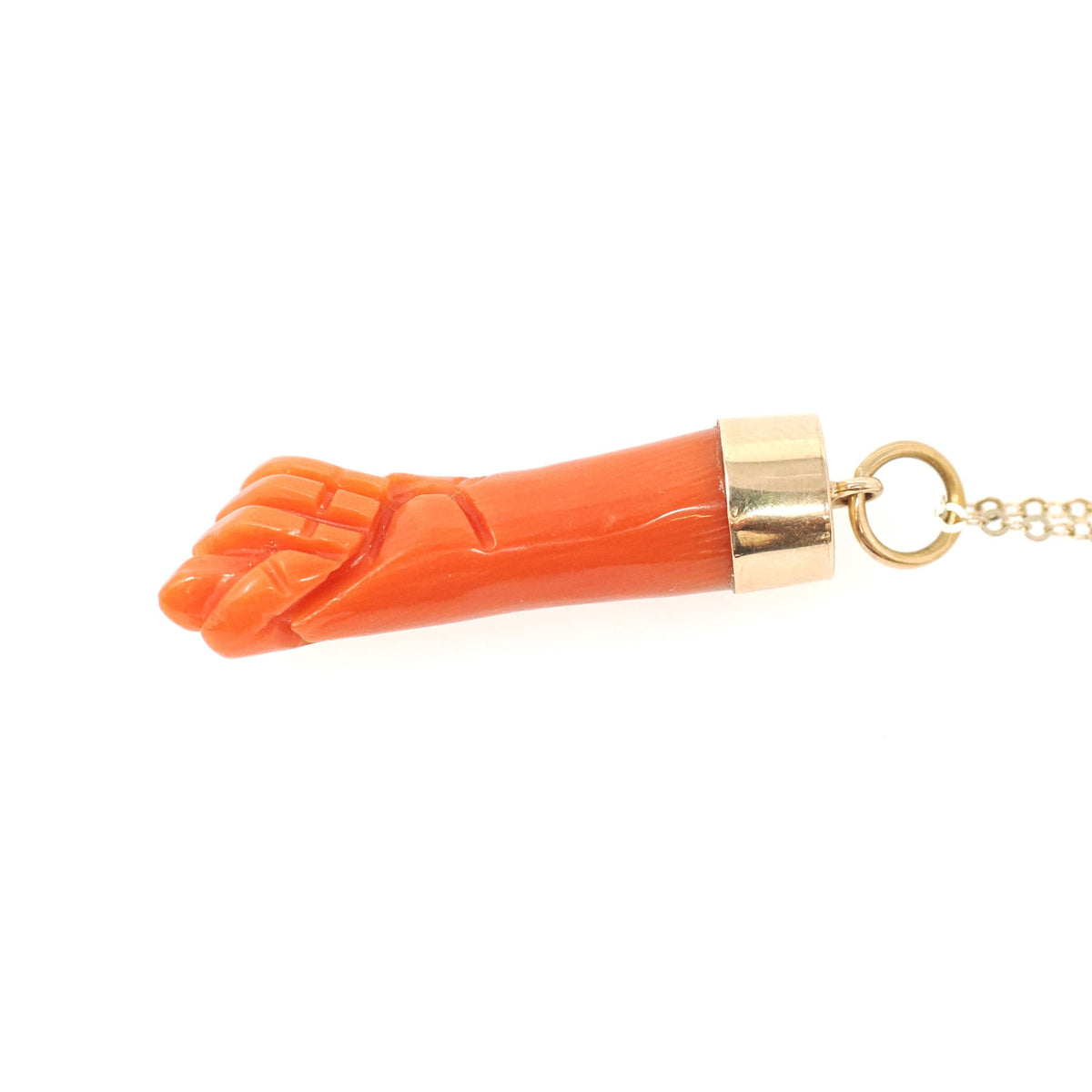 Mano Figa Pendant - Modernist 18k Yellow Gold Natural Coral Good Luck Necklace Charm - Vintage Circa 1970s Era Symbolic Hand Fine Jewelry