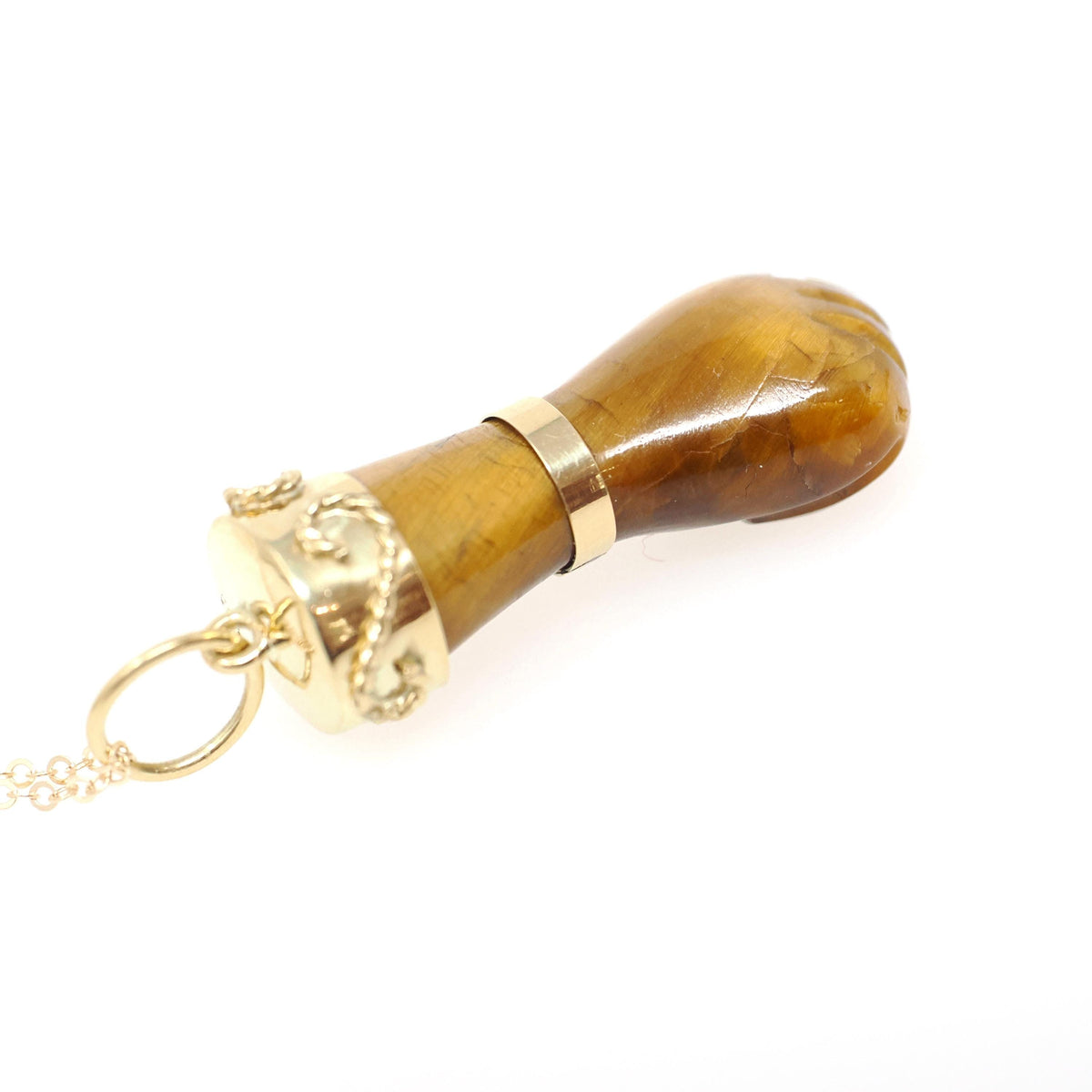 Mano Figa Pendant - Modernist 18k Yellow Gold Natural Tiger's Eye Good Luck Charm - Vintage Circa 1970s Era Symbolic Hand Fine Jewelry