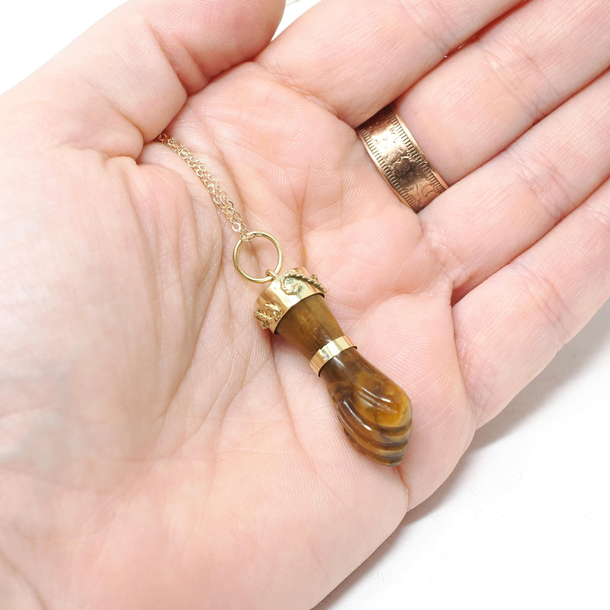 Mano Figa Pendant - Modernist 18k Yellow Gold Natural Tiger's Eye Good Luck Charm - Vintage Circa 1970s Era Symbolic Hand Fine Jewelry