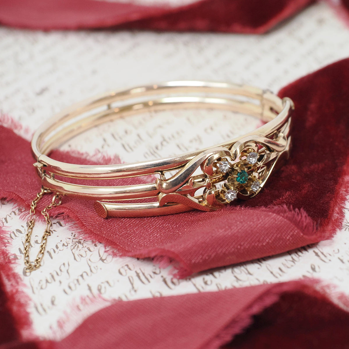 Edwardian Bangle Bracelet - Antique Yellow Gold Filled Floral Wrap Hinged Design - Circa 1910s Simulated Gemstones Fashion Accessory Jewelry