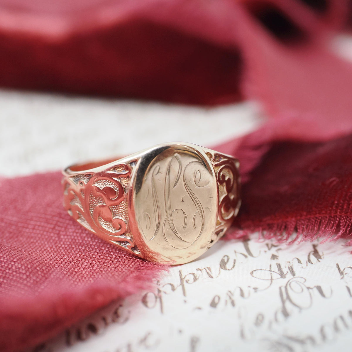 Edwardian Signet Ring - Antique 10k Yellow Gold Oval "MS" Engraved Script Initial Letters - Circa 1910s Size 10 Fine Scroll Engraved Jewelry